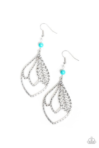 Absolutely Airborne - Paparazzi - Blue Turquoise Stone Silver Feather Earrings