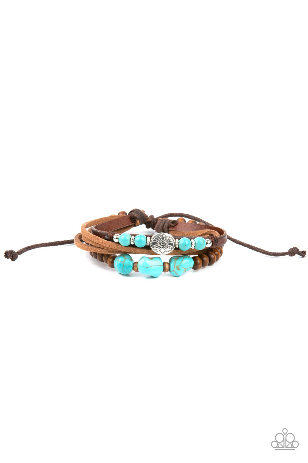 Act Natural - Paparazzi - Blue Turquoise Stone Wood Bead Brown Leather Sliding Knot Bracelet