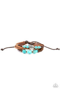 Act Natural - Paparazzi - Blue Turquoise Stone Wood Bead Brown Leather Sliding Knot Bracelet