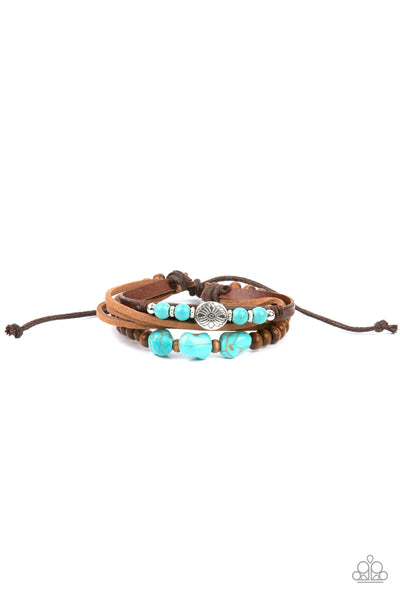 Act Natural - Paparazzi - Blue Turquoise Stone Wood Bead Brown Leather Sliding Knot Bracelet