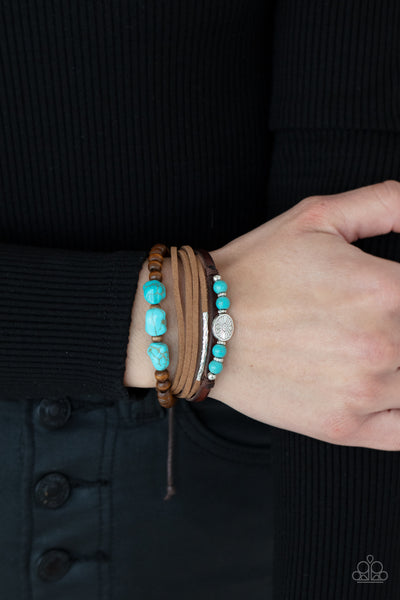 Act Natural - Paparazzi - Blue Turquoise Stone Wood Bead Brown Leather Sliding Knot Bracelet