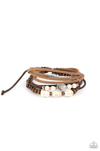 Act Natural - Paparazzi - White Stone Brown Wood and Leather Sliding Knot Bracelet