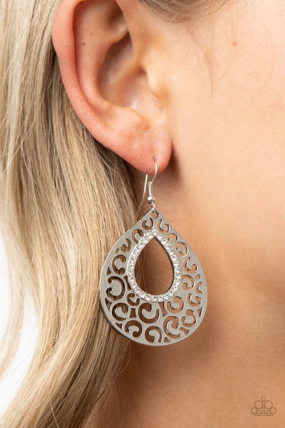 Airy Applique - Paparazzi - White Rhinestone Filigree Teardrop Earrings