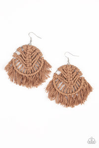 All About MACRAME – Paparazzi – Brown Soft Twine Knotted Macrame Silver Hoop Earrings