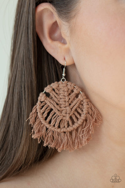 All About MACRAME – Paparazzi – Brown Soft Twine Knotted Macrame Silver Hoop Earrings