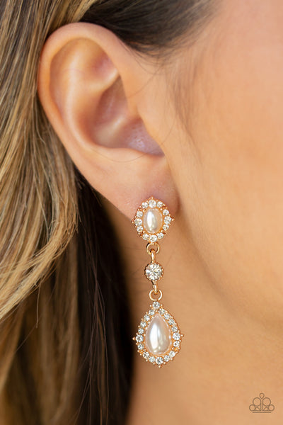 All-GLOWING - Paparazzi - Gold White Rhinestone and Pearl Post Earrings