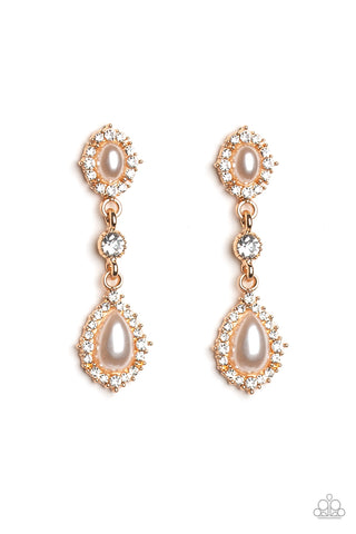 All-GLOWING - Paparazzi - Gold White Rhinestone and Pearl Post Earrings