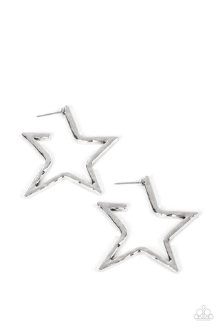 All-Star Attitude - Paparazzi - Silver Hammered Star Hoop Earrings
