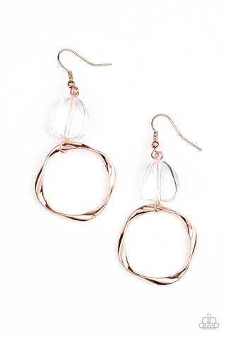 All Clear - Paparazzi - Copper Twisted Hoop Clear Bead Earrings