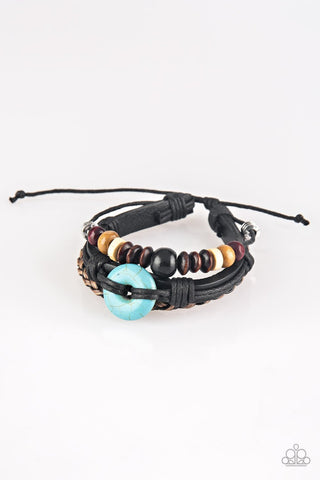 All Out Adventure - Paparazzi - Black Leather Wood Bead Turquoise Stone Urban Bracelet