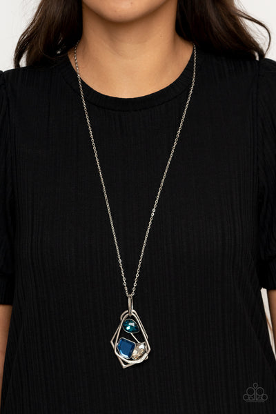 All Systems GLOW - Paparazzi - Blue Rhinestones Silver Geometric Pendant Necklace