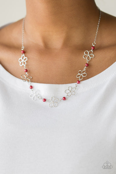 Always Abloom - Paparazzi - Red Pearl Silver Floral Necklace