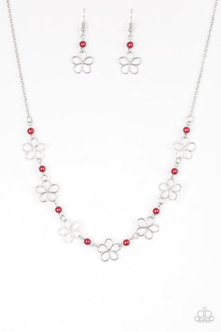 Always Abloom - Paparazzi - Red Pearl Silver Floral Necklace