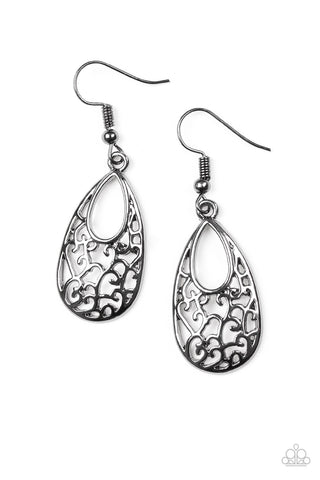 Always Be VINE - Paparazzi - Black Gunmetal Filigree Teardrop Earrings