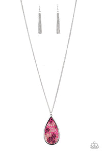 Artificial Animal - Paparazzi - Pink Metallic Scale Leather Teardrop Pendant Necklace