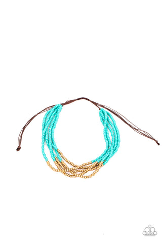 BEAD Bold - Paparazzi - Blue Turquoise and Brass Seed Bead Sliding Knot Bracelet