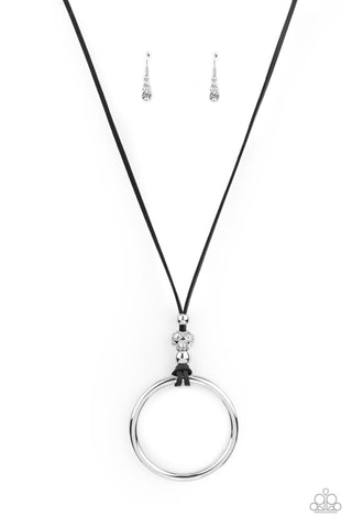 BLING Into Focus - Paparazzi - Black Leather Cord Silver Circle Pendant Necklace