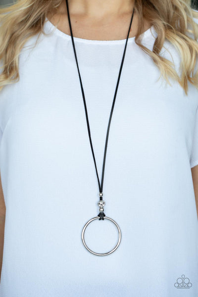 BLING Into Focus - Paparazzi - Black Leather Cord Silver Circle Pendant Necklace