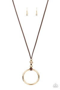 BLING Into Focus - Paparazzi - Brown Leather Cording Gold Circle Pendant Necklace