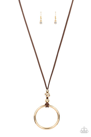 BLING Into Focus - Paparazzi - Brown Leather Cording Gold Circle Pendant Necklace