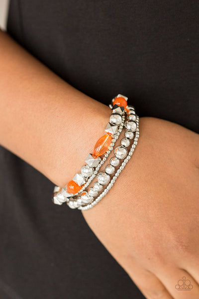 Babe-alicious - Paparazzi - Orange and Silver Beaded Stretchy Bracelet