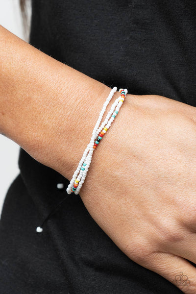 Basecamp Boyfriend - Paparazzi - White and Multi Colored Seed Bead Sliding Knot Bracelet