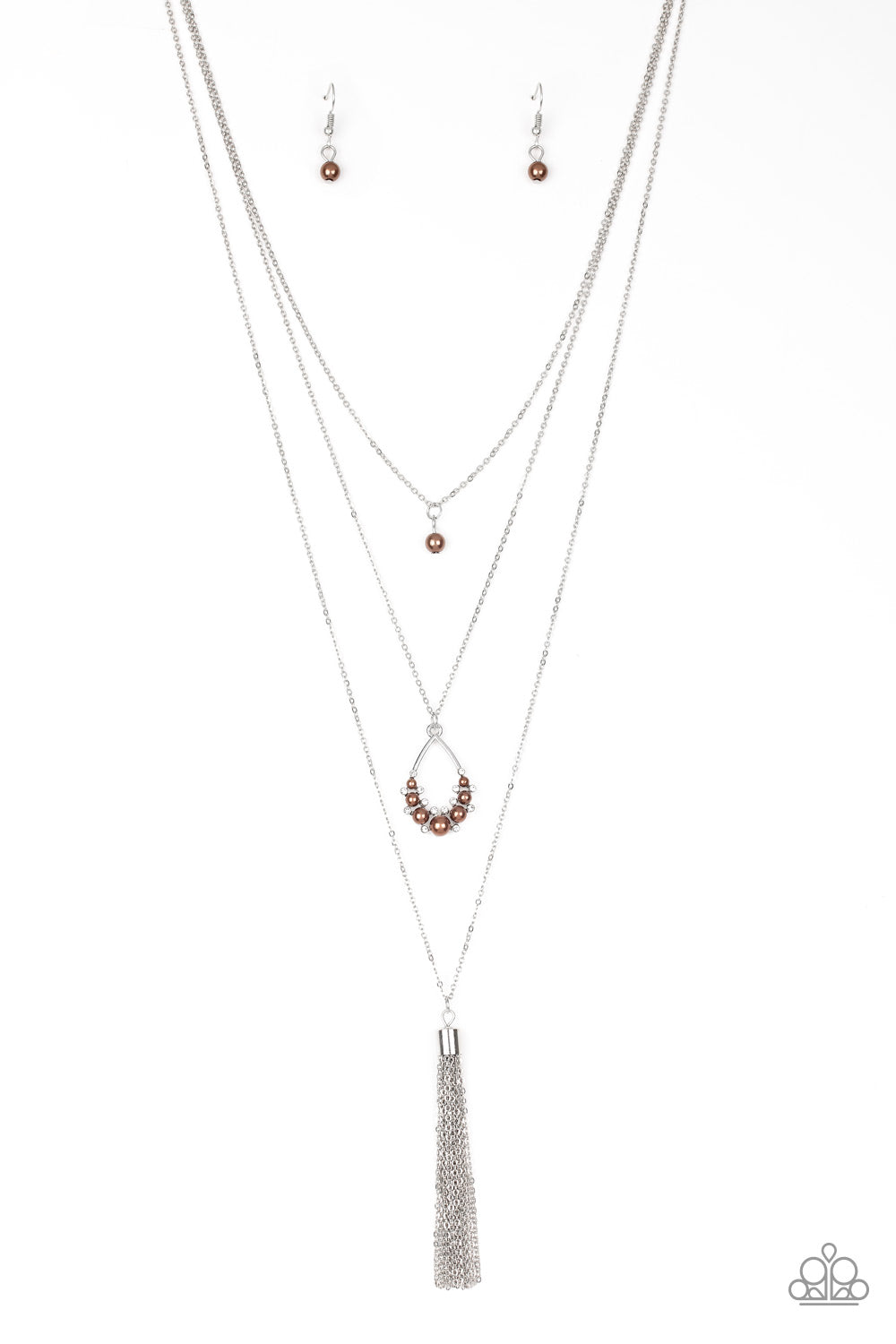 Be Fancy - Paparazzi - Brown Pearl Teardrop Silver Tassel Layered Necklace