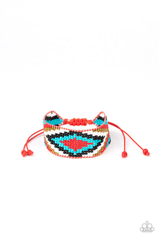 Beautifully Badlands – Paparazzi – Red Turquoise Black Brass White Seed Bead Slide Bracelet