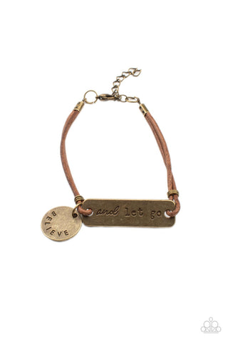 Believe and Let Go - Paparazzi - Brass Inspirational Charm Brown Suede Clasp Bracelet