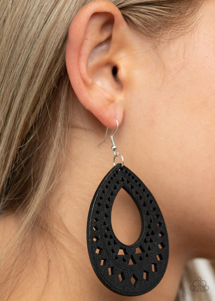 Belize Beauty - Paparazzi - Black Wooden Diamond Pattern Teardrop Earrings
