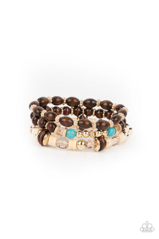 Belongs In The Wild - Paparazzi - Gold and Brown Wood Bead Turquoise Stone Stretchy Bracelet