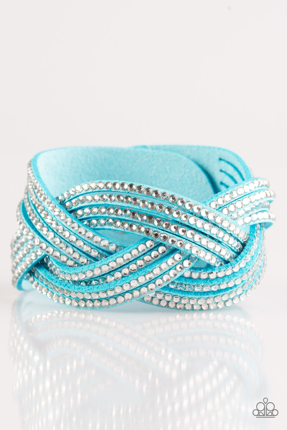 Big City Shimmer - Paparazzi - Blue Suede Crisscross Rhinestone Snap Bracelet