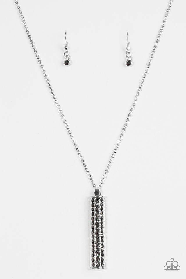 Big Shot Shimmer - Paparazzi - Silver Hematite Rhinestone Bar Pendant Necklace