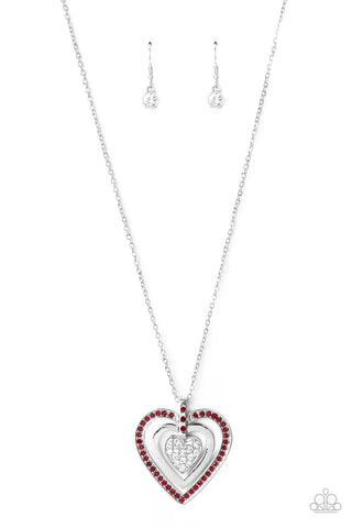 Bless Your Heart - Paparazzi - Red and White Rhinestone Heart Silver Pendant Necklace