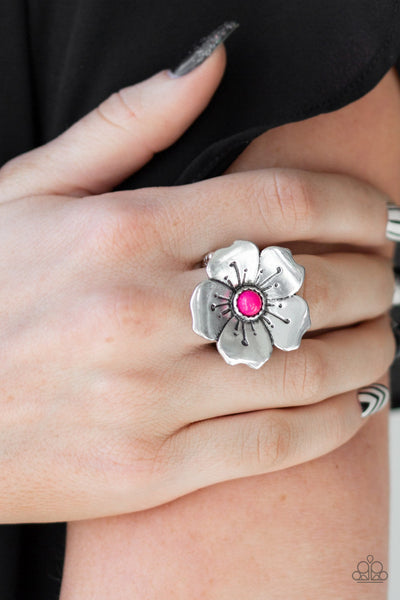 Boho Blossom - Paparazzi - Pink Bead Silver Flower Ring