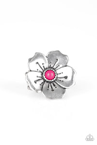 Boho Blossom - Paparazzi - Pink Bead Silver Flower Ring