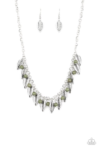 Boldly Airborne - Paparazzi - Green Stone Silver Feather Charm Necklace