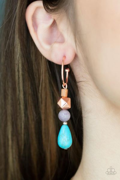 Boulevard Stroll - Paparazzi - Copper Hoop Beaded Turquoise Teardrop Stone Earrings