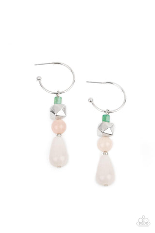 Boulevard Stroll - Paparazzi - Multi Jade Pink White Stone Bead Silver Hoop Earrings