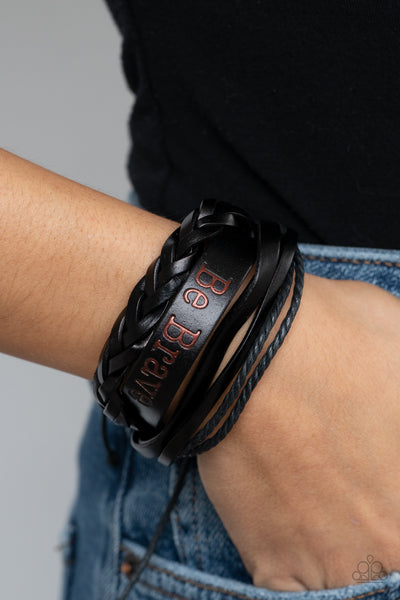 Brave Soul - Paparazzi - Black Leather Stamped "Be Brave" Sliding Knot Bracelet