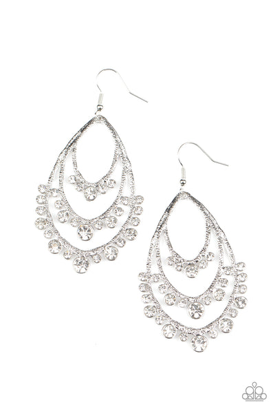 Break Out In TIERS - Paparazzi - White Rhinestone Tiered Silver Frame Earrings