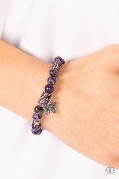 Butterfly Nirvana - Paparazzi - Purple Amethyst Stone Butterfly Charm Stretchy Bracelet