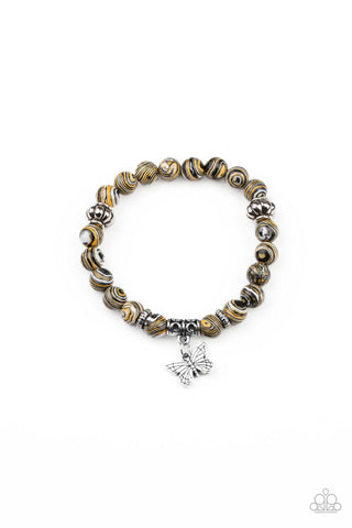 Butterfly Wishes - Paparazzi - Yellow Black Marbled Bead Butterfly Charm Stretchy Bracelet