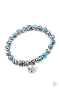 Butterfly Wishes - Paparazzi - Blue Black and White Bead Silver Butterfly Charm Stretchy Bracelet