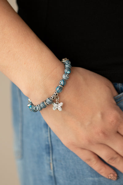 Butterfly Wishes - Paparazzi - Blue Black and White Bead Silver Butterfly Charm Stretchy Bracelet