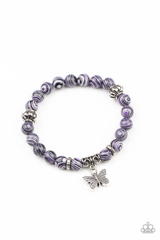 Butterfly Wishes - Paparazzi - Purple Black White Stone Bead Butterfly Charm Stretchy Bracelet