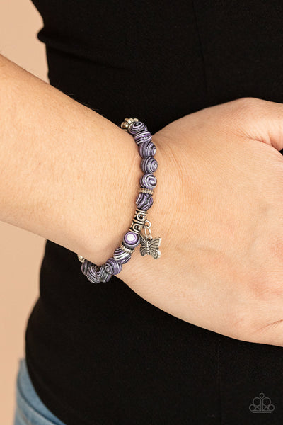 Butterfly Wishes - Paparazzi - Purple Black White Stone Bead Butterfly Charm Stretchy Bracelet