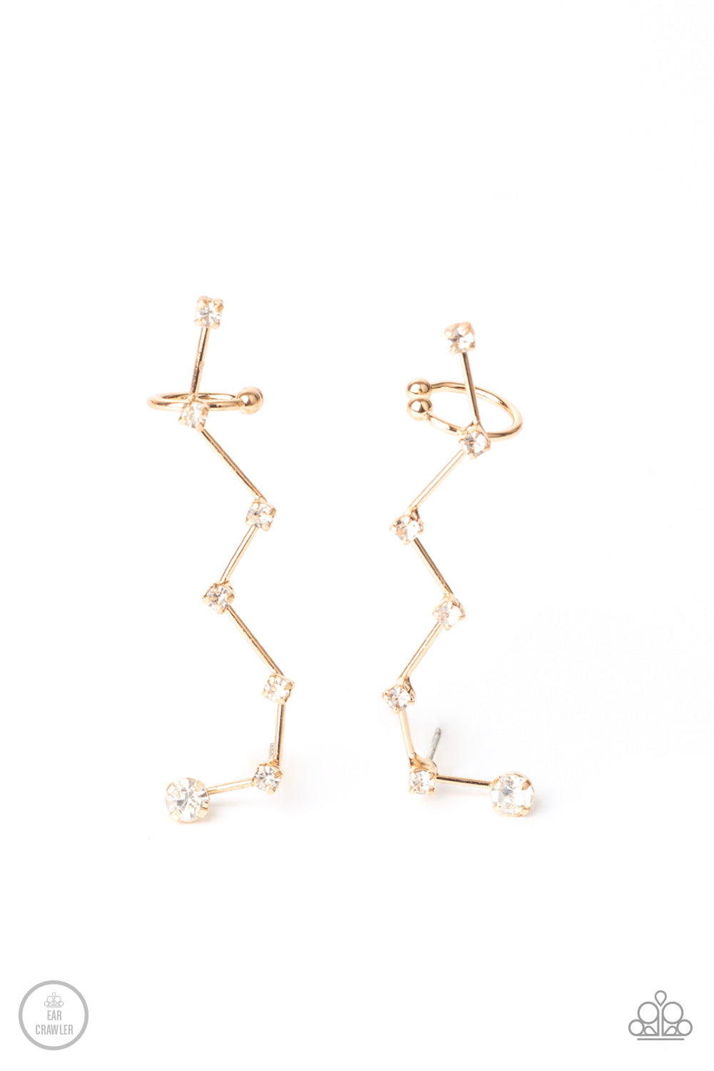 CONSTELLATION Prize - Paparazzi - Gold Zig Zag Rhinestone Ear Crawler Post Earrings