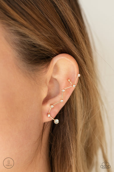 CONSTELLATION Prize - Paparazzi - Gold Zig Zag Rhinestone Ear Crawler Post Earrings