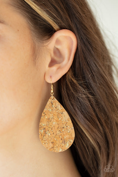 CORK It Over - Paparazzi - Gold Fleck Teardrop Cork Earrings